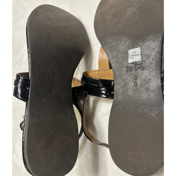 COACH Sandals Flats 9 B Caterine Black Patent Leather T-Strap Thong Sling Back - Picture 9 of 9